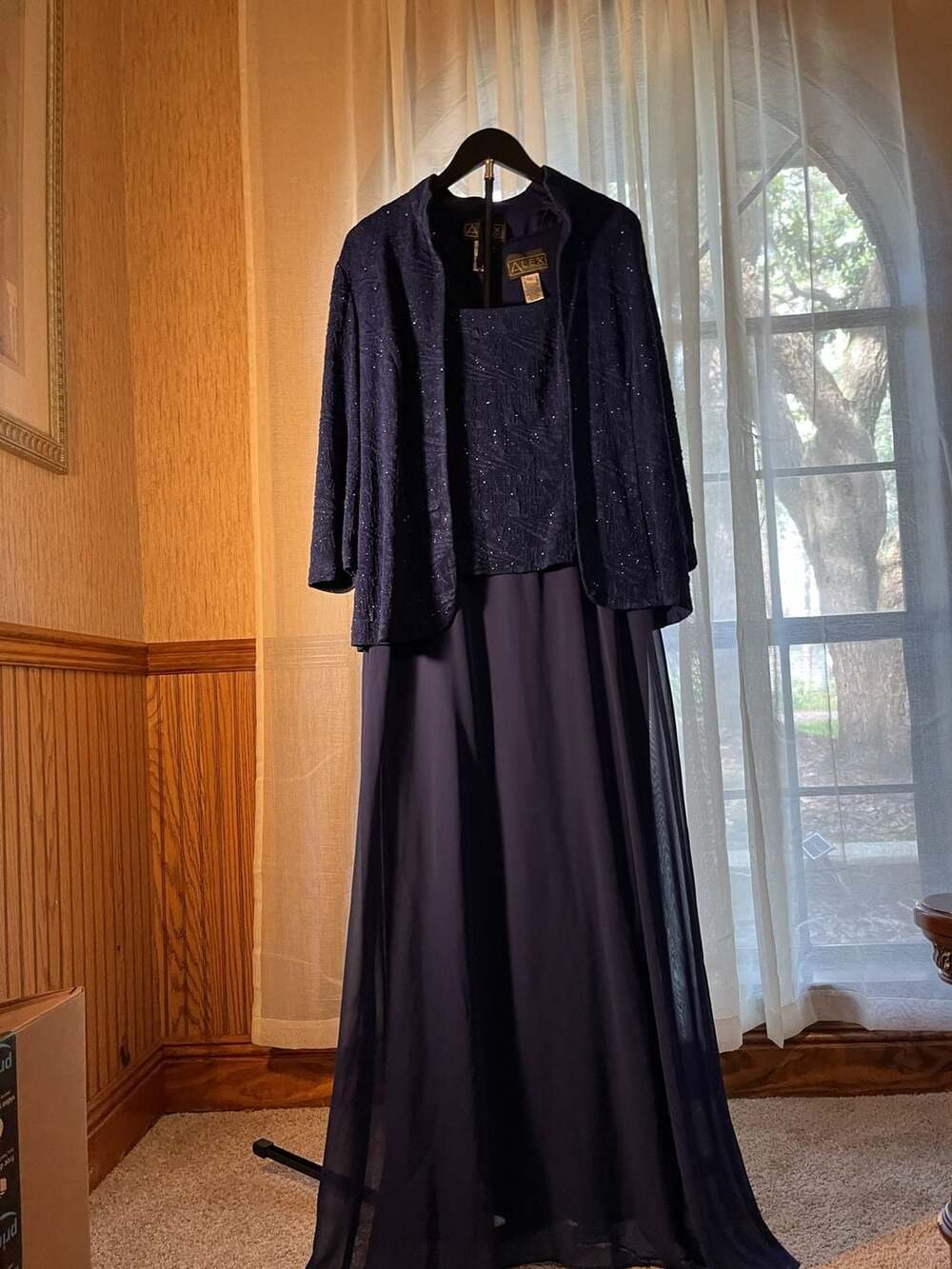 Alex Evenings Dress Set Size 12 Navy Blue Glitter Jacket Long
